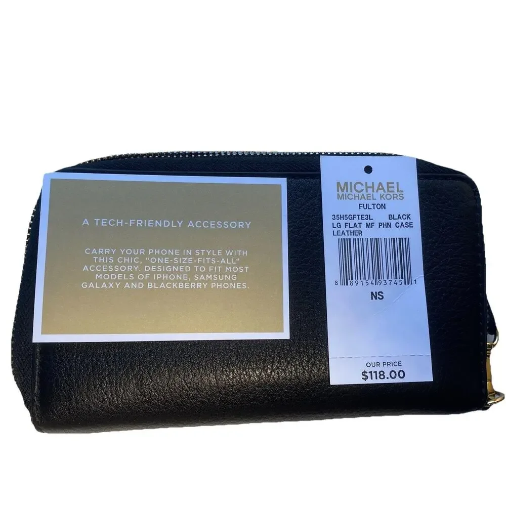 MICHAEL KORS Fulton‎ Black Pebbled Leather Wristlet/Wallet with Zipper & Gold